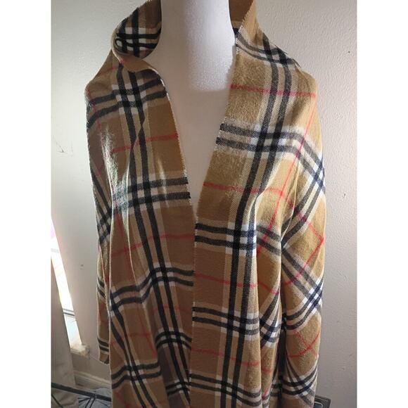 Pashmina Scarf Wrap 100% Lambswool Beige Plaid Fringe Preppy Classic - Picture 2 of 4